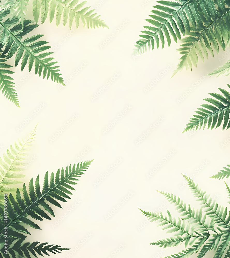 Poster lush green ferns arranged elegantly on a light background generative ai