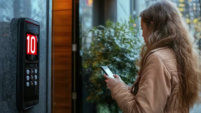 Woman using smartphone at intercom system for apartment entry access control security building door phone