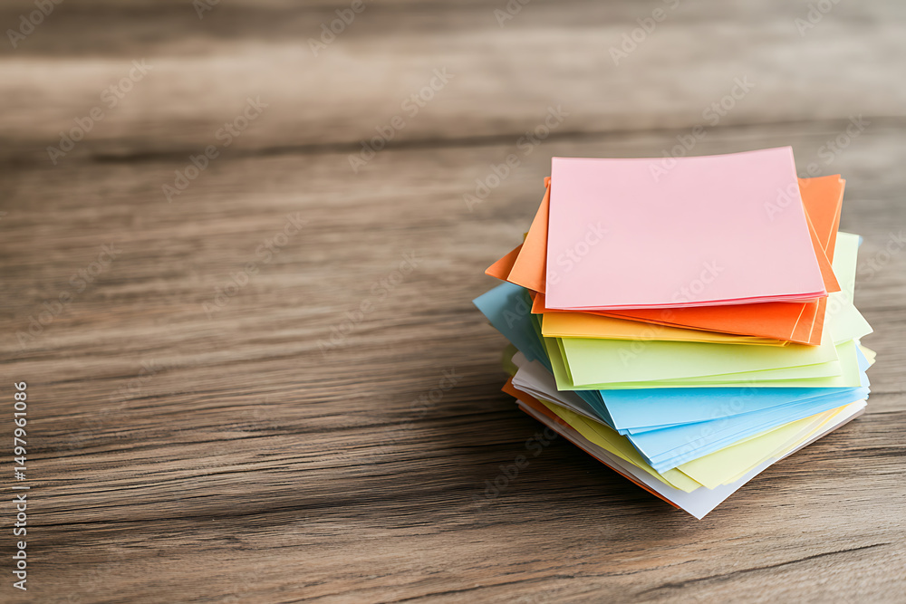 Poster stack of colorful sticky notes on a wooden desk. organizing thoughts and reminders with vibrant note
