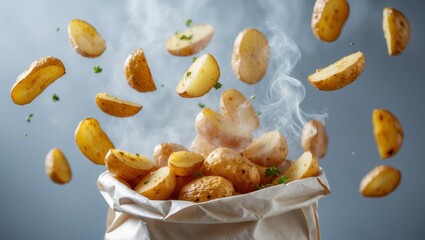 Realistic photograph of crispy, golden fries falling through the air, fresh from the fryer, with visible steam rising from them, falling into a white paper bag of fries. The background very light
