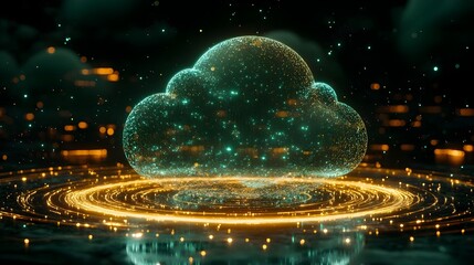 Glowing Green Cloud with Yellow Lights and Data Visualization Elements