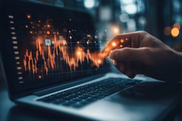 Close-up of a hand interacting with a laptop screen displaying financial charts