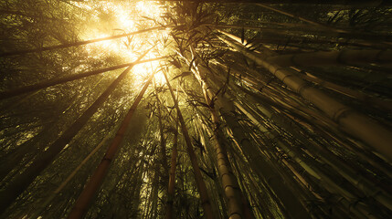 Golden sunlight streaming through dense bamboo forest