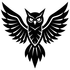 An owl with spread wings silhouette on white background