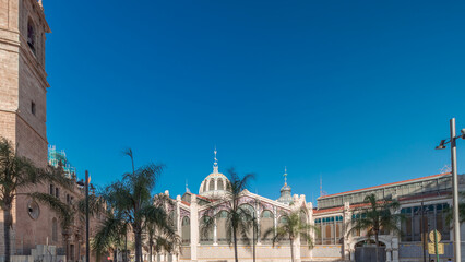 Obraz premium Valencia Central Market timelapse panorama. Historic public market with stunning architecture. Spain