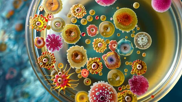 Cartoon illustration of friendly bacteria and germs characters. Selective focus