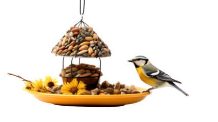  Bird feeding on a bird feeder with sunflower seeds on transparent background