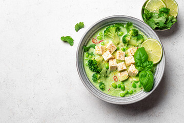 Thai green curry vegan soup with tofu