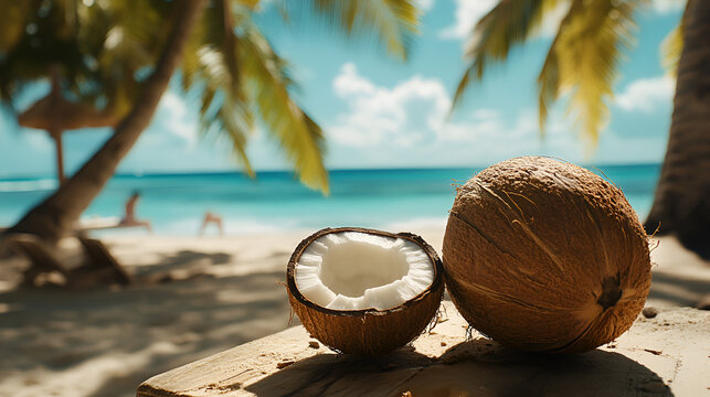  Coconut being cracked open on a beachside stand, with tropical drinks nearby
