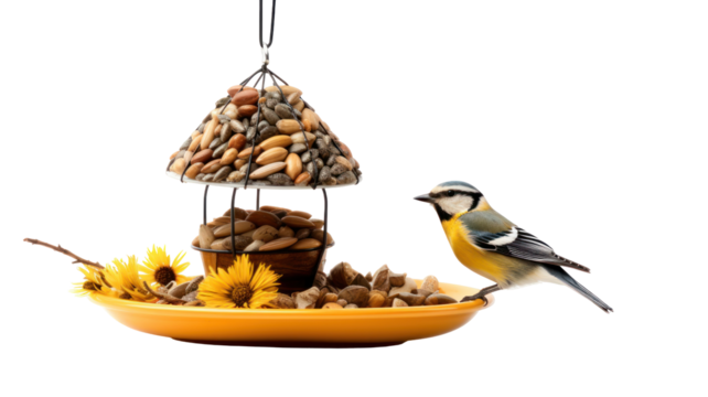  Bird feeding on a bird feeder with sunflower seeds on transparent background
