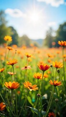 Naklejka premium A sun-drenched field of wildflowers gently swaying in the breeze, embodying carefree joy and natural beauty Perfect for concepts of serenity, peace, and blissful contentment , purple, joyful