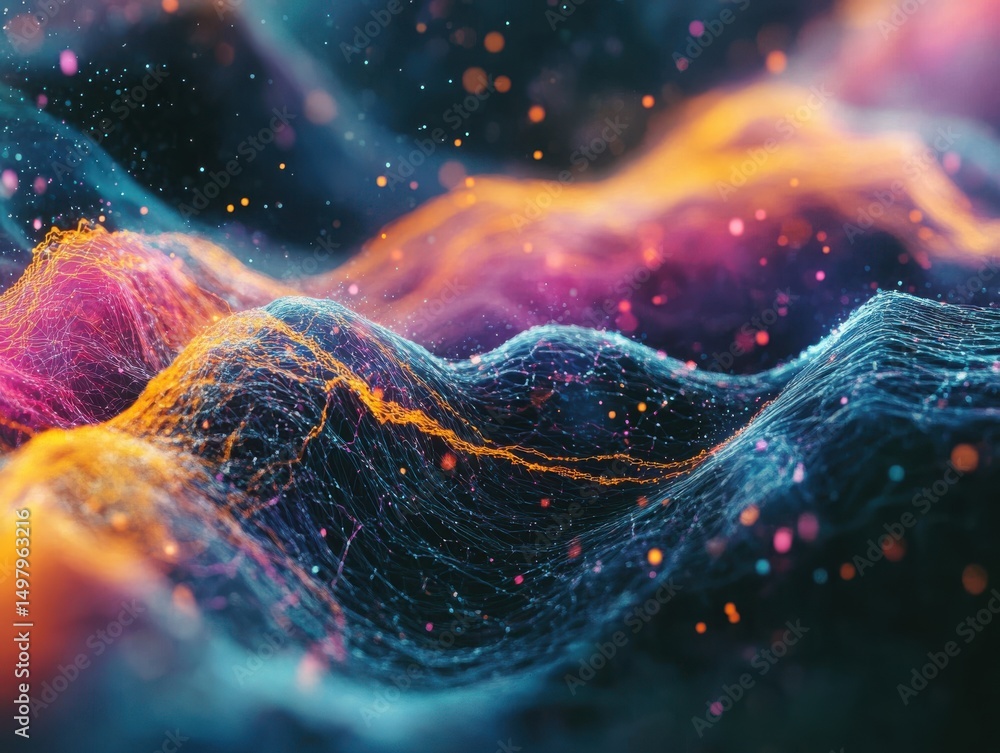 Poster dynamic art visualizing economic changes through fluid, interconnected data streams.