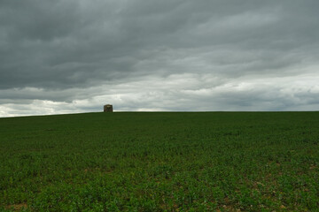 Green field with an old windmill and stormy clouds in background