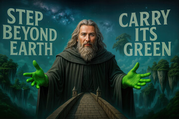 Mystical man with green hands reaching out against a dreamlike landscape