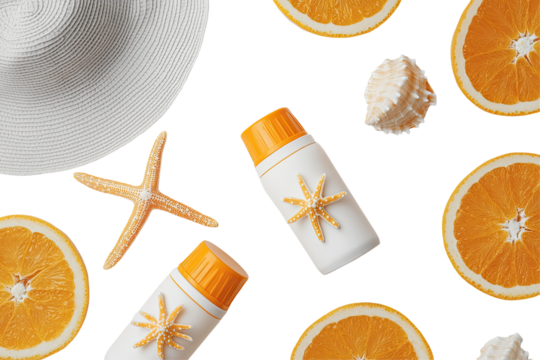 Flat lay of sunscreen bottles, orange slices, a straw hat, starfish, and seashells on a black background, suggesting summer vacation essentials