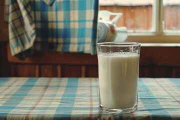A glass of cold milk is poured into a beautiful glass on a lovely rustic table setting