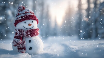 A cheerful snowman stands in a winter wonderland, adorned with a knitted hat and scarf, surrounded by gently falling snowflakes. The backdrop features trees in a serene snowy setting