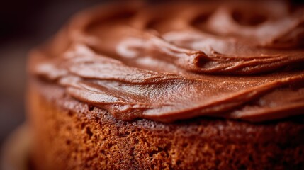 A decadent chocolate cake sits enticingly on a wooden table, showcasing its smooth and creamy chocolate icing that glistens under soft lighting, inviting dessert lovers
