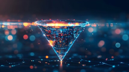 Futuristic Digital Funnel with Glowing Patterns and Data Visualizations