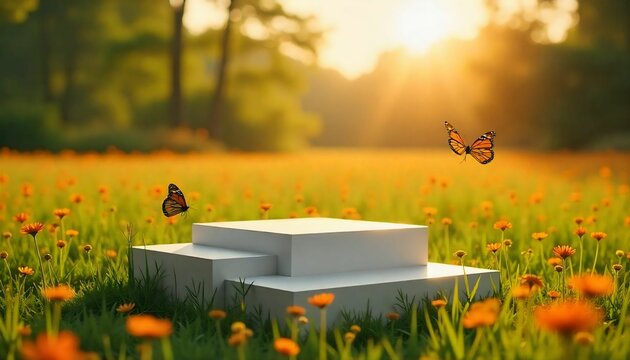 PODIUM for product presentation, on a background of butterflies, HD, 16k