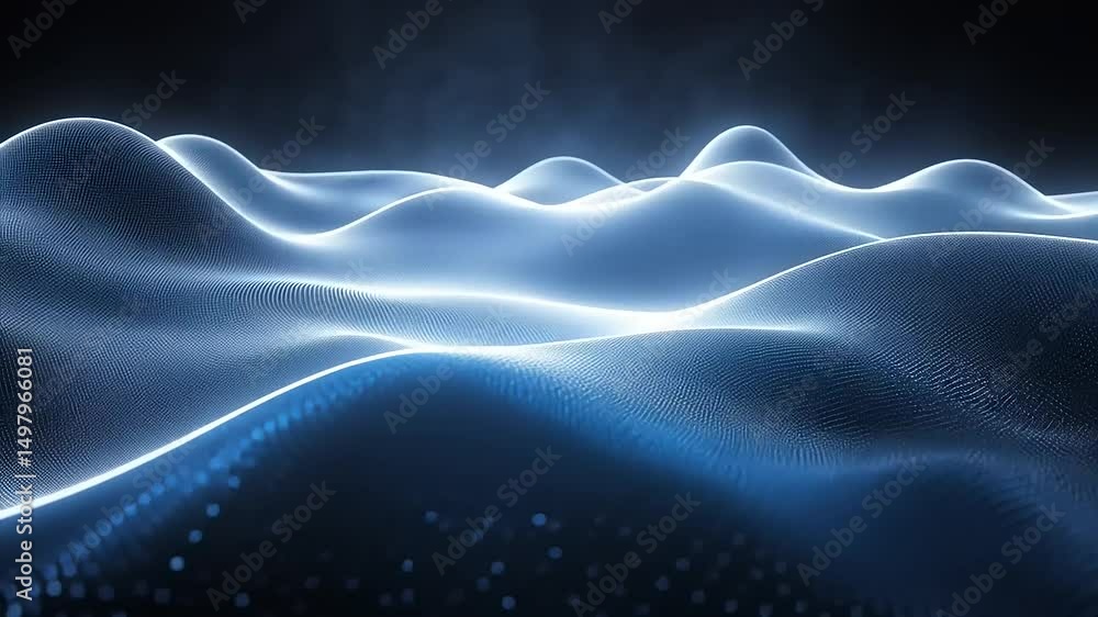 Poster abstract blue digital terrain animation with particle waves for technology and science