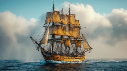 Obraz premium Historic sailing vessel, powerful and majestic, cutting through a foggy sea