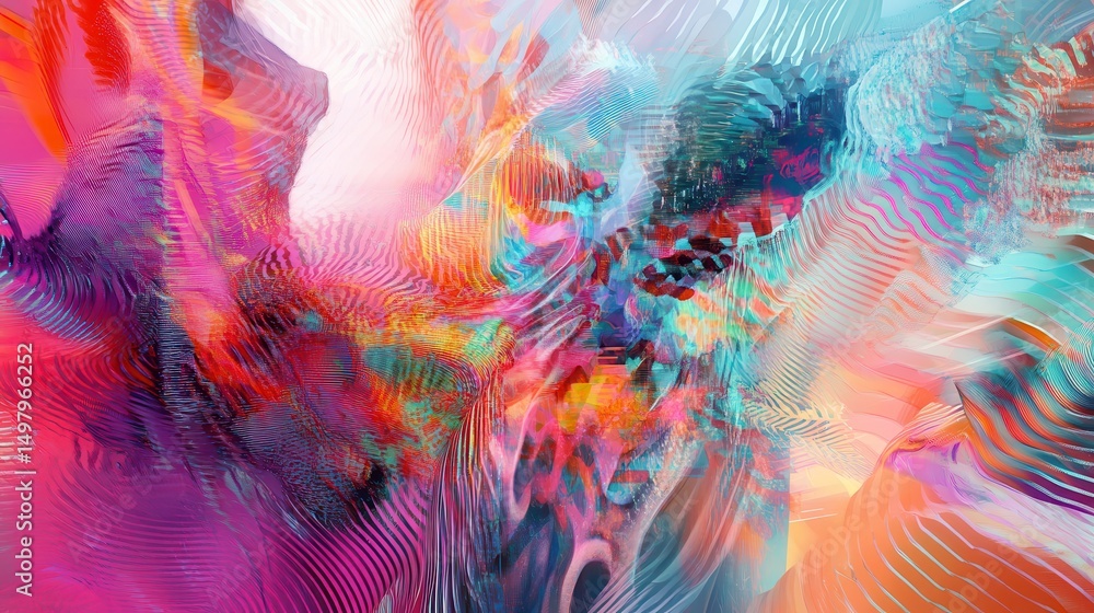 Poster dynamic art showing user interfaces merging into luminous, fluid advanced technology.