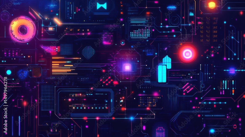 Poster dynamic art showing user interfaces merging into luminous, fluid advanced technology.