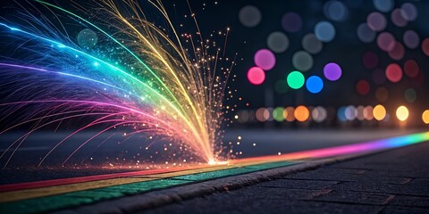 Rainbow sparkler fireworks night city street art