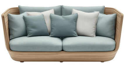 Obraz premium Elegant Wooden Frame Sofa with Plush Cushions on PNG transparent background