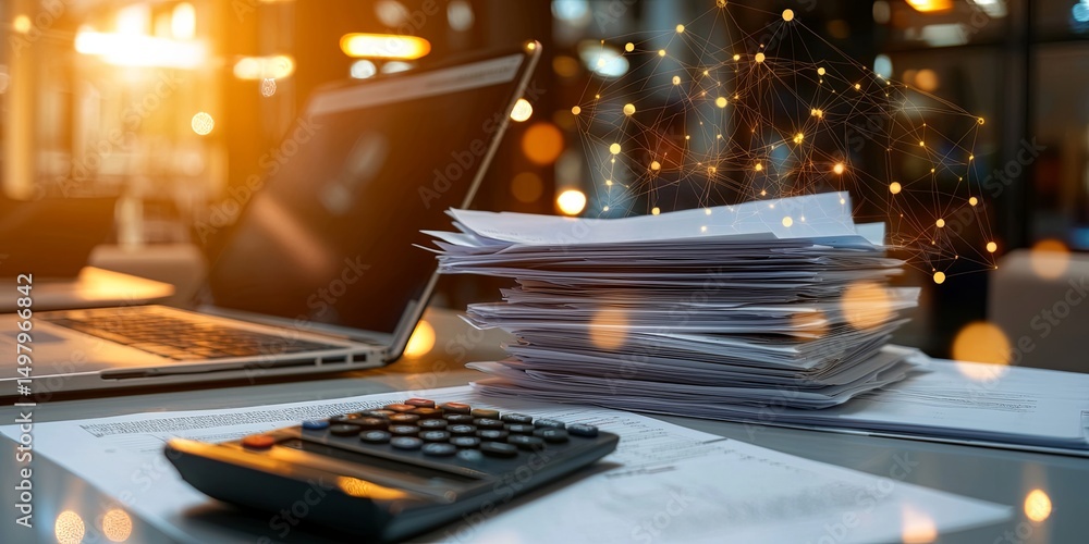 Aufkleber Streamlined insurance claims workflow using blockchain, illustrating stacks of digital documents and a calculator on a clean desk with soft lighting