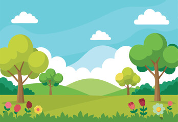meadow green lawn summer scenery tree and flowers landscape vector illustration.