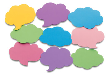 Colorful speech bubbles on a white surface represent communication, ideas, and social connection. They highlight dialogue, discussion, and the expression of thoughts.
