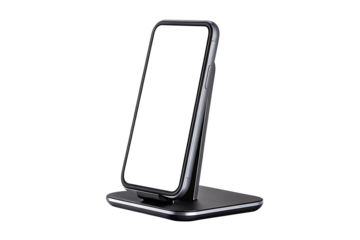 Modern smartphone on wireless charging stand isolated on a white background