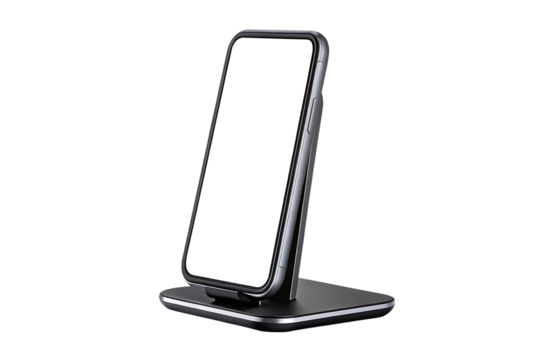 Modern smartphone on wireless charging stand isolated on a white background