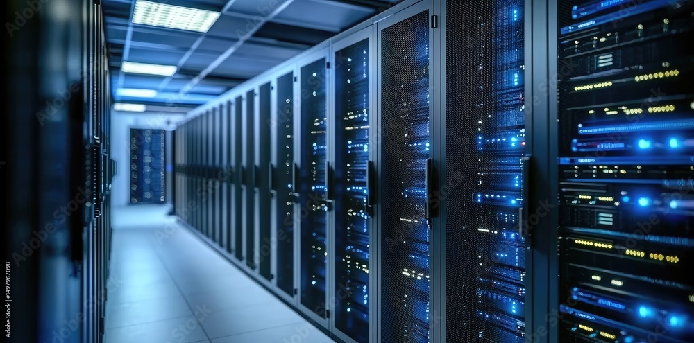 Poster corridor of modern server cabinets glowing with blue lights in a high-security data center, ideal fo