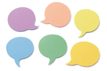 Colorful speech bubbles, communication and expression, representing conversations and ideas, pastel hues on a white background, perfect for social media.