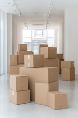 Moving boxes in an empty, white room, awaiting unpacking and organization, signaling a new beginning. Filled with anticipation and transition.