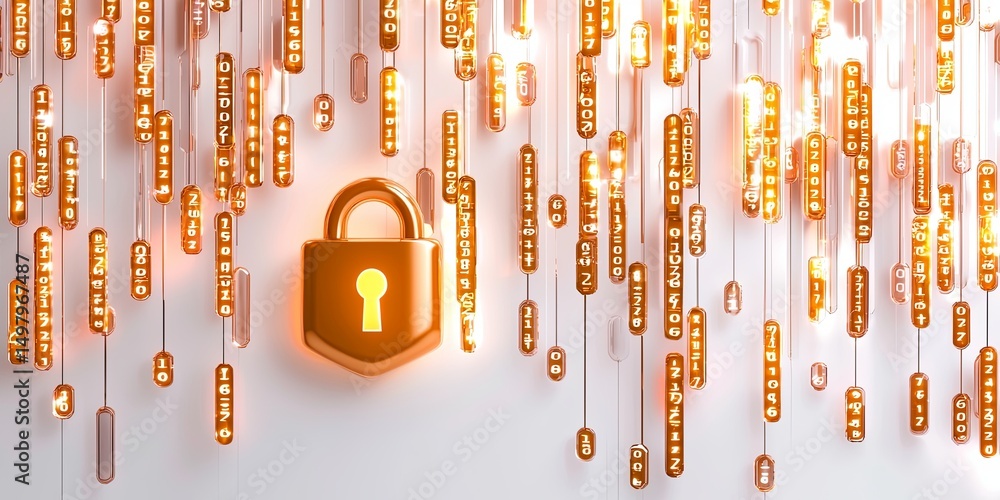 Aufkleber Data encryption concept with a secure lock symbol overlaid on abstract binary code, neutral background, storytelling focus on cybersecurity measures, minimal props.