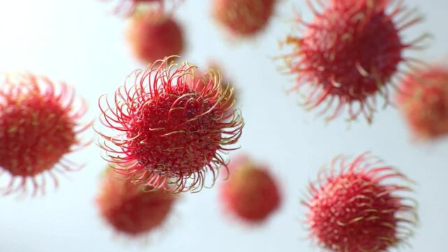 Rambutan Burst: Vivid close-up captures the vibrant texture of fresh rambutan fruits, their unique spiky exterior promising a tropical delight and sweet taste.