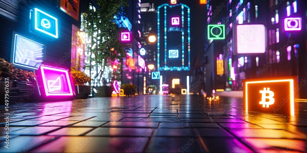 Poster immersive virtual economy representation showcasing blockchain technology and unique in-game assets, minimalist props, clean and neutral setting