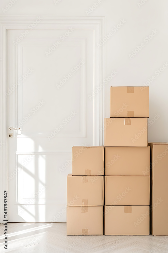 Poster stacked moving boxes next to a white door. sunlight streams in, creating shadows on the floor, indic