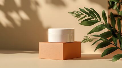 Elegant Skincare Cream Jar Mockup with Tropical Leaves and Soft Lighting