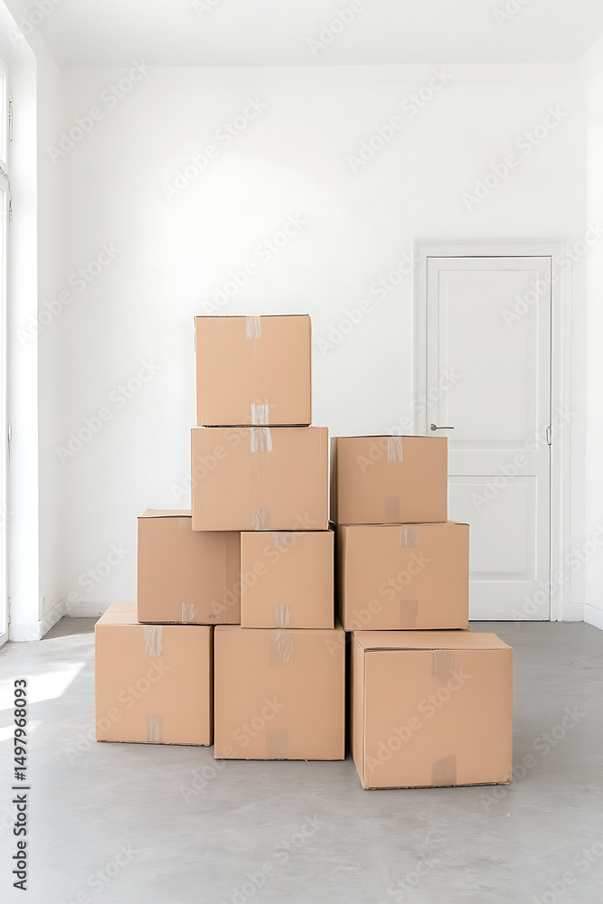 Poster a stack of nine cardboard boxes fills a bright room, indicating moving or storage. the minimalist se