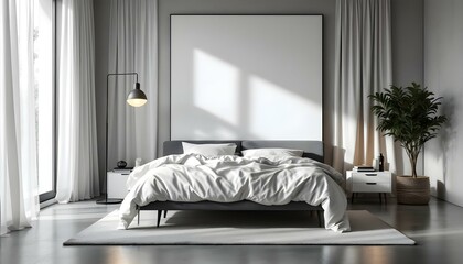 Cozy minimalist bedroom featuring a white canvas backdrop, sleek modern bed, monochrome decor, and warm ambient lighting.
