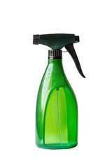 A translucent green plastic spray bottle with a black trigger sprayer, partially filled with a light green liquid, set against a black background.  The bottle has a slightly curved design