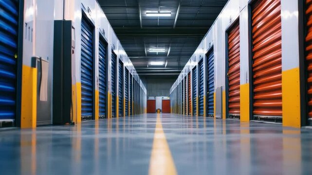 Indoor Self Storage Facility Interior with Blue and Orange Units, Yellow Guide Line on Polished Concrete Floor, Perspective View