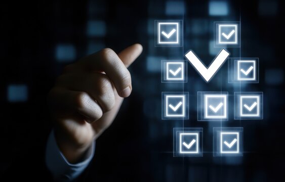 A hand points to a glowing checkmark on a digital checklist interface.  A dark background and soft light highlight the selection