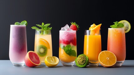 Fototapeta premium Assortment of colorful fruit drinks in glasses.