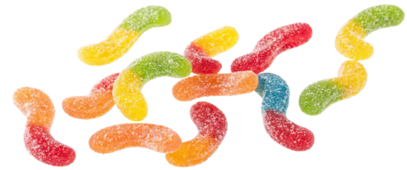 A scattered assortment of colorful gummy worms coated in sugar crystals on a black background surface